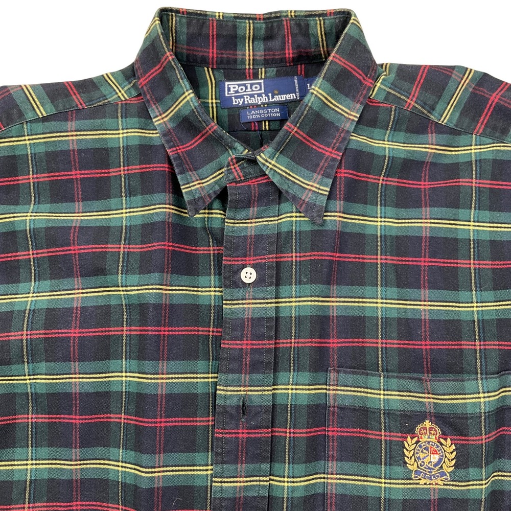 Polo Ralph Lauren Shirt Mens Large Green Red Plaid Langston Crest Button Cotton